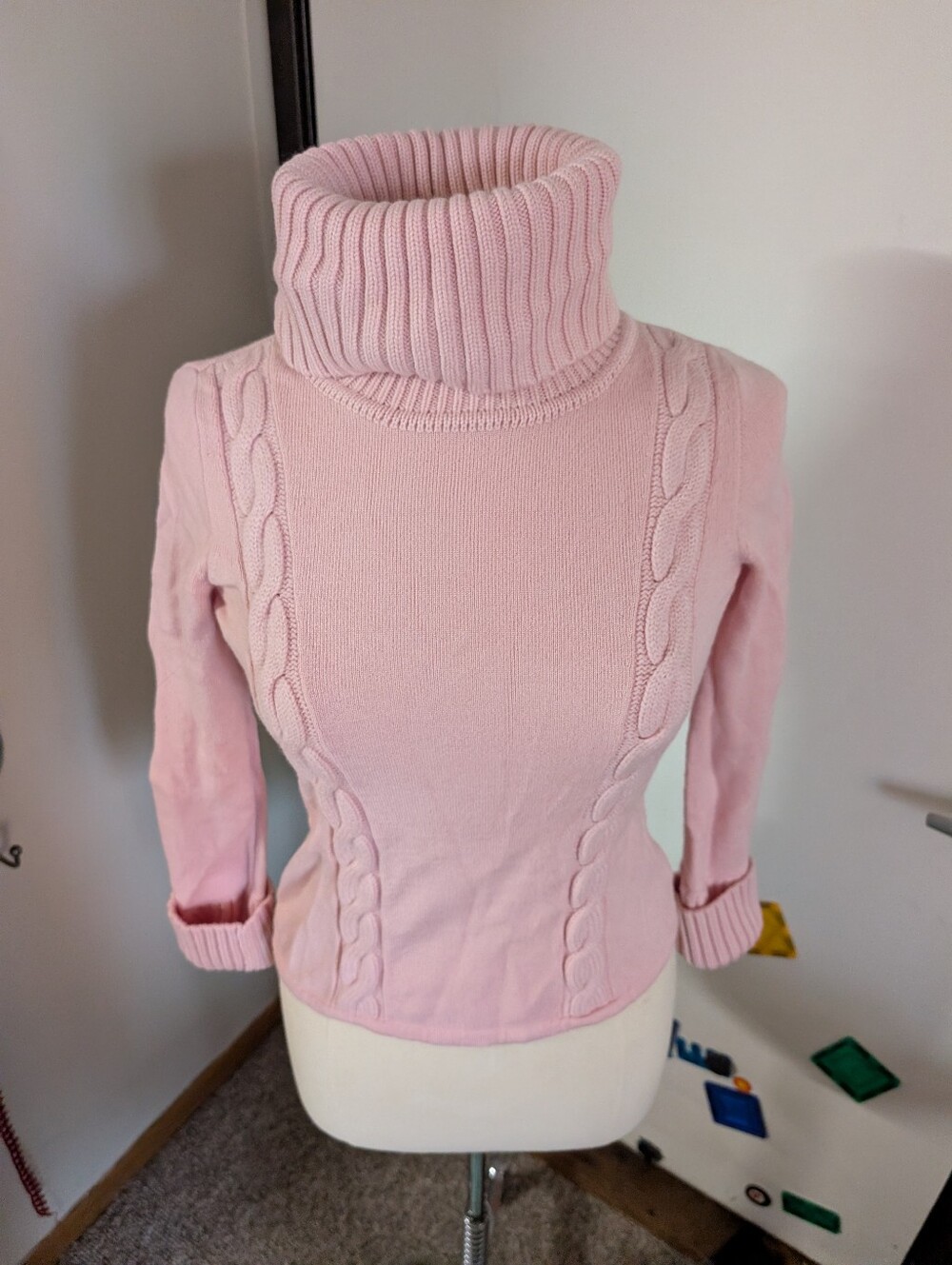 Cable Knit Pink Turtle Neck 100% Merino Wool